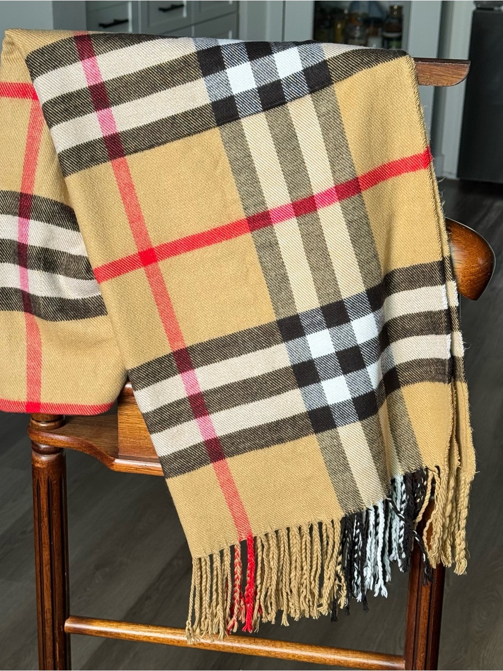 Oversized Plaid Scarf Wrap Tan Black Red Check Fringe Blanket Scarf 76x28